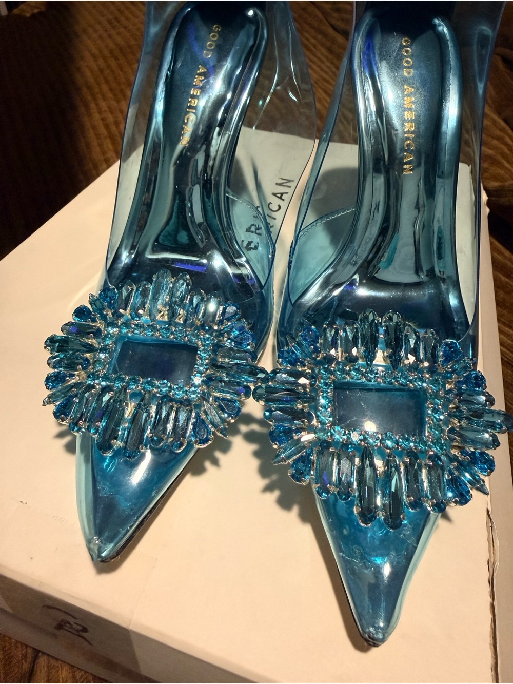 Good American Teal Blue Jeweled Pointed-Toe Pumps